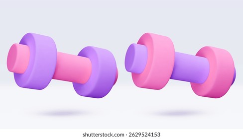 Pink, purple, violet Dumbbell Realistic icon, 3d render. Isolated on white backround. Sport And Fitness design set. Vector illustration for shop, flyer, banner, web, advertising, sale