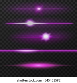 Pink, purple, violet horizontal lens flares pack. Horizontal light rays. Vector, eps10.