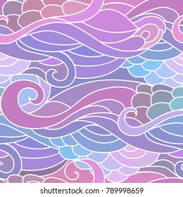 Pink, purple and violet Valentine's day texture. Seamless pattern with wavy curly ocean and mermaids style ornament.