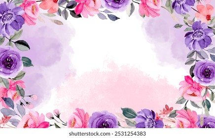 pink purple watercolor flowers frame background for design. Floral frame card template. Vector design illustration. for banner, wedding card. 