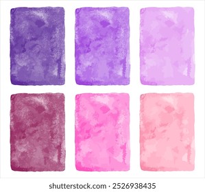 Conjunto de Vector de fondos dibujados a mano de acuarela rosa y púrpura, colección. Violeta oscuro, rosa claro, vino lila, texturas de acuarela de colores de arándanos con manchas de acuarela. Plantillas rectangulares pintadas.