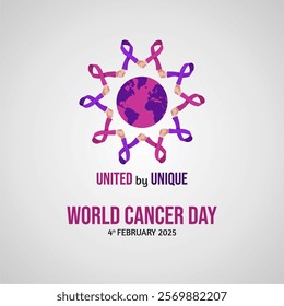 Pink Purple World Cancer Day 4th February 2025 Concept Design with Shaking Hand Ribbon Holding World Illustration. World Cancer Day  2025 Vector Illustration.