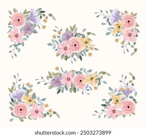 pink purple yellow floral watercolor bouquet collection