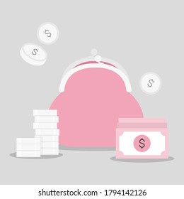 Pink purse and money vector illustration.