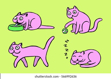 Pink pussycat emoticons set. Funny cartoon cool character. Contour digital drawing cute cats. Green color background. Cheerful pet collection for web icons and shirts. Isolated vector illustration.