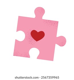 Pink puzzle piece with a red heart in the center. Symbol of love and connection, perfect for Valentine's Day cards, stickers, and festive designs. Flat vector illustration isolated on white background