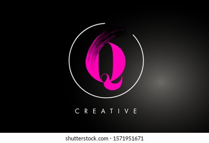 Pink Q Brush Stroke Letter Logo Design. Pink Paint Logo Leters Icon with Elegant Circle Vector Design.