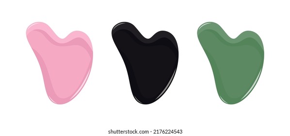Pink quartz, black obsidian and green jade gua sha stones isolated on a white background. Facial gua sha massage tools set. Vector illustration