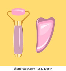 Pink quartz gua sha roller and scraper. Facial massage tools.
Cosmetic tools in vector. Flat image.