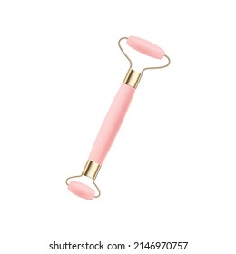 Pink quartz stone roller for face massage template, realistic vector illustration isolated on white background. Anti-aging facial beauty and treatment massage tool.
