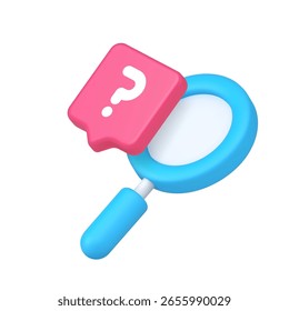 Ponto de interrogação rosa e lente de aumento azul representando curiosidade, exploração e busca de respostas. Ideal para projetos educacionais e relacionados ao conhecimento. Ilustração isolada do vetor de ícone 3d