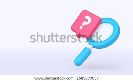 Pink question mark with a blue magnifying glass represents curiosity, learning, and research in digital content. 3d realistic icon copy space banner vector illustration