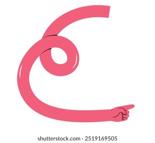 Pink quirky long hand showing direction, pointing at something, showing. Hand drawn vector illustration, isolated on white