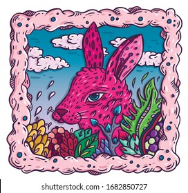 
Pink rabbit among plants. Vector hand draw illustration of cartoon rabbit. Unusual plants and animals.