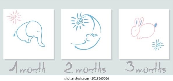 Pink rabbit, blue elephant and moon, moon with asterisks. Set of cute posters for toddler nursery. Vector, linear pattern with animals on a white background for packaging, gifts, clothes.