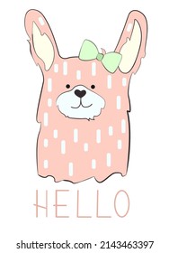 Pink rabbit with a bow. Simple childish vector illustration for printing on t-shirt, cards, fabrics, posters, etc.