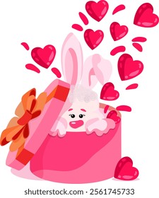 Pink rabbit in a pink box and hearts