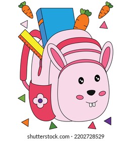 Pink rabbit bunny school bag backpacks with supplies in open pockets and carrots coloring vector