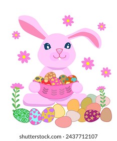 A pink rabbit carries a basket of many cute colorful Easter eggs in a field of flowers.