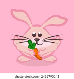 Pink rabbit with carrot. Cartoon Easter bunny