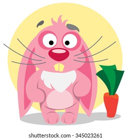 Pink rabbit with carrot, cartoon vector illustration, hare