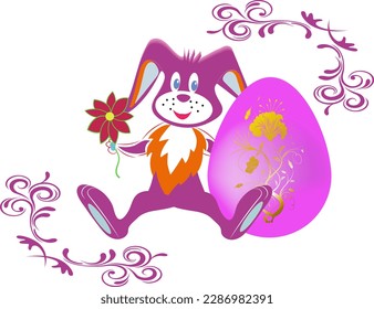 Pink rabbit with a carrot in his hands and an Easter egg