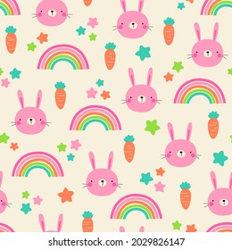 Pink rabbit with carrot, rainbow, and star seamless pattern background.