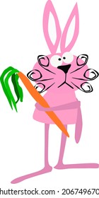 pink rabbit with carrot,vector drawing,isolate on a white background