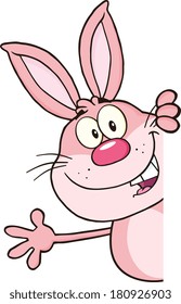 Pink Rabbit Cartoon Character Looking Around A Blank Sign And Waving. Vector Illustration Isolated on white