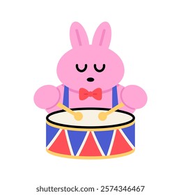 Pink rabbit character is playing a drum. Cartoon style flat vector illustration.