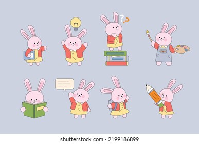 A pink rabbit character wearing a cute skirt. She is reading books, drawing and studying. flat design style vector illustration.