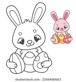 Pink rabbit with Easter eggs coloring book with coloring example for kids. Coloring page with cute bunny. Black and white and color version. Vector children's illustration.