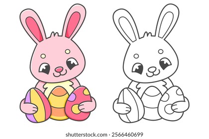 Pink rabbit with Easter eggs coloring book with coloring example for kids. Coloring page with cute bunny. Black and white and color version. Vector children's illustration.