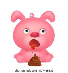 Pink rabbit emoji character with bunch of poop. Vector illustration