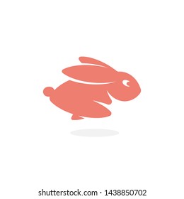 Pink Rabbit, fast running forward Hare, jumping Bunny. Wild animal icon. Simple silhouette logo template. Modern concept design for business. Isolated vector illustration on white background.