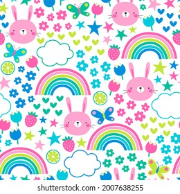 Pink rabbit with floral, rainbow, and cloud seamless pattern background.