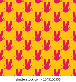 Pink rabbit hare silhouette seamless pattern isolated on yellow background. Cute animal cartoon flat print. Use to wrapping paper, fabric textile, wallpaper.  