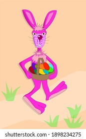 pink rabbit lays colored eggs in a basket
