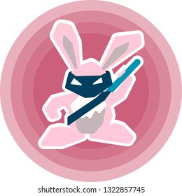 Pink rabbit ninja.Vector character on a pink circle. Isolated on white background.