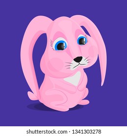 Pink rabbit on a blue background with tears in his eyes. Vector image of a sad bunny. The concept of sadness, sadness, resentment. Hare on Easter without a gift.