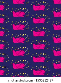 Pink rabbit on indigo background with yellow stars seamless pattern. Vector illustration. Easter design concept for fabric, paper, card, poster, walpaper. 