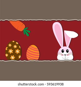 Pink Rabbit with Orange Carrot and Easter Eggs on Red Background with paper cut .Happy Easter.Background.Vector Illustration.