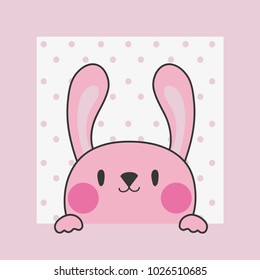 Pink rabbit peeks out of pink frame on polka dot background. Decoration greeting card / banner/ website/ . Cute vector ,doodle for kids.