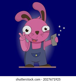 pink rabbit with the phone makes a selfie. Illustration in cartoon style.