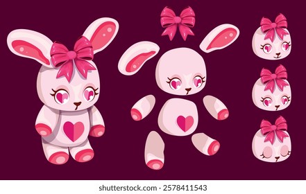 Pink Rabbit Plush Character Toy Illustration Set. The animation lends itself to movement and color change. It is disassembled into pieces. There are also facial expressions in the set.