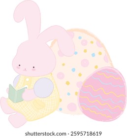 pink rabbit reading a book with easter egg. cute rabbit PNGs, fluffy bunnies, and Easter clipart. Perfect for greeting cards, stickers, and festive designs. High-quality, hand-drawn, and ready to use