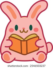 Pink rabbit reading a book in a kawaii style