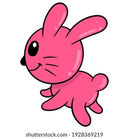 A pink rabbit running around with a happy face, vector illustration art. doodle icon image kawaii.