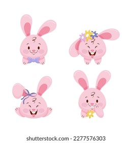 Pink rabbit set. Character head, expression of emotion

