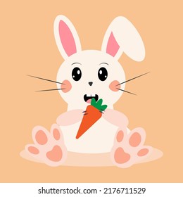 a pink rabbit sits with a carrot in its paws, with surprised eyes in a flat style